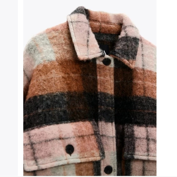 ZARA Crop Plaid Overshirt Shacket Brown Pink Cream in XS - Picture 7 of 9